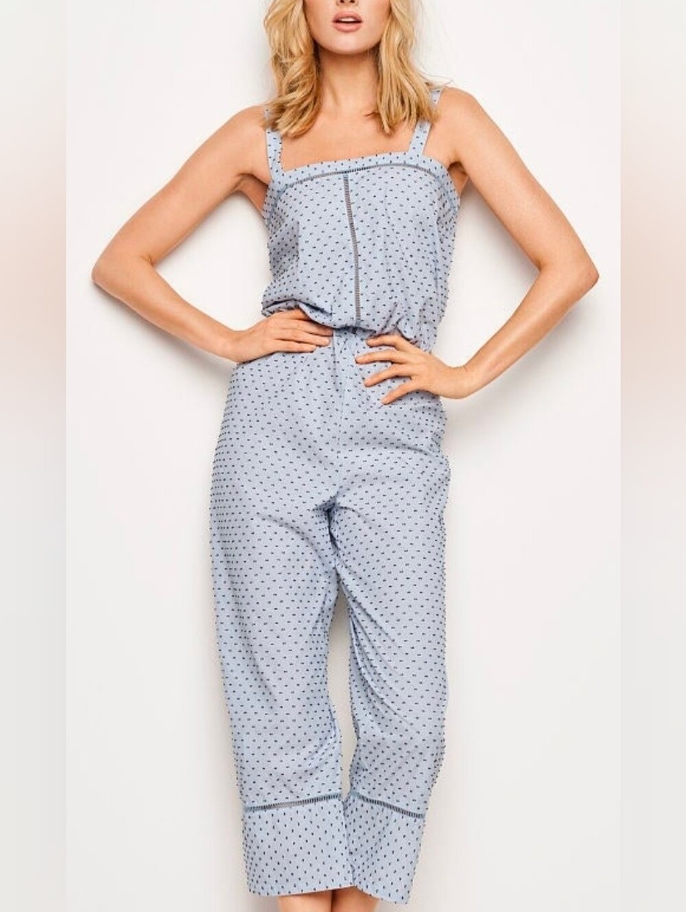NEW Victoria's Secret Light Blue Polka Dot Cotton Lounge Jumpsuit Pajamas Medium - Picture 7 of 11